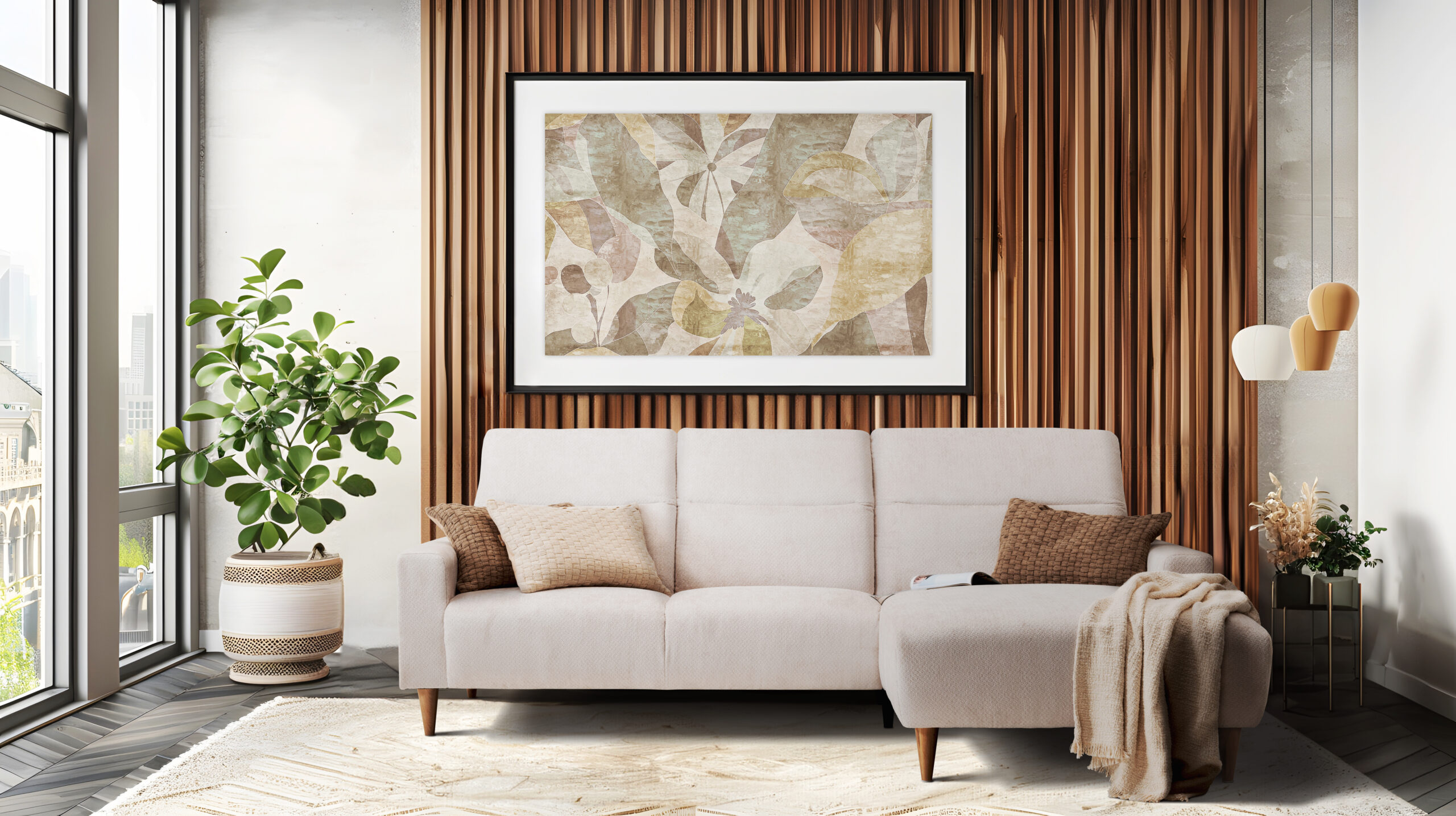 mock up poster frame in modern interior background, living room, Canapé d'angle Beige claire chez tousalon mis en situation dans un salon moderne